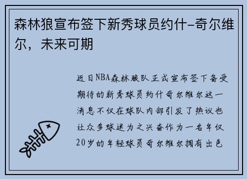 森林狼宣布签下新秀球员约什-奇尔维尔，未来可期